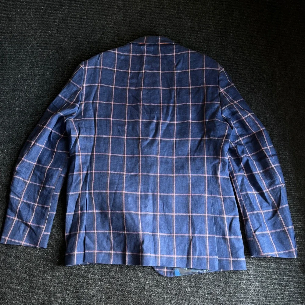 Tallia Mens 44R Blue Pink Windowpane Plaid 100% Linen Sport Coat Blazer Jacket
